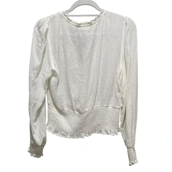 SELF E White Lace Trim Smocked Waist Blouse Size Large - Picture 7 of 9